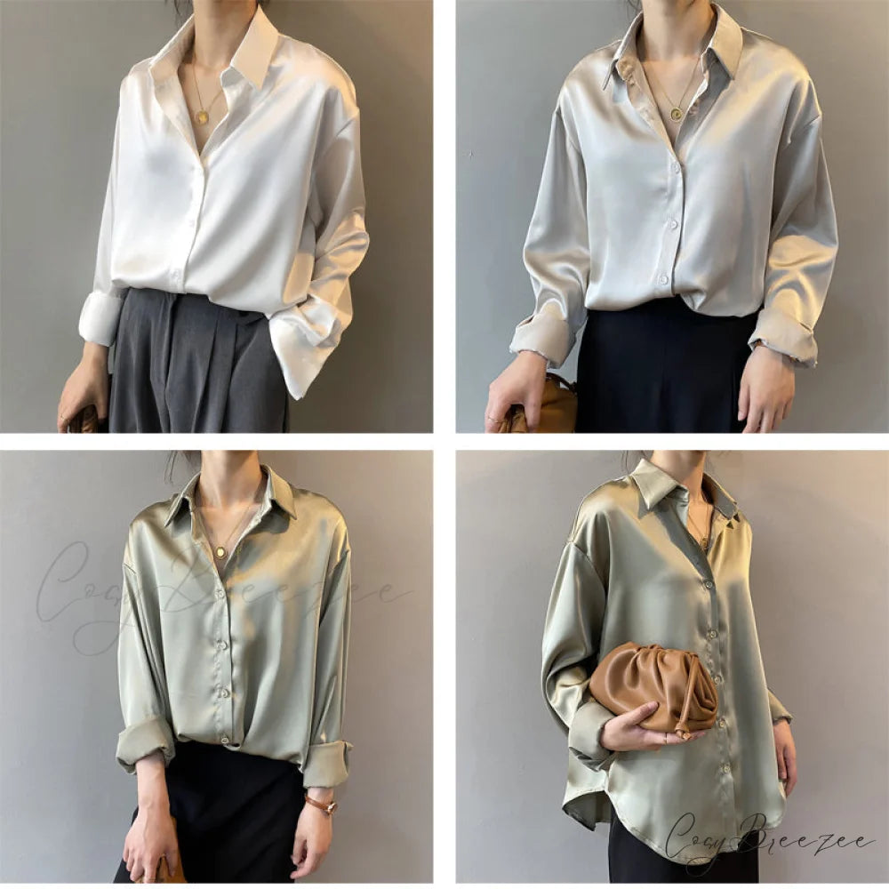 Arm Vintage Ladies Satin Korean Office Long Blouse Button Up Silk Elegant Blouse White Tops