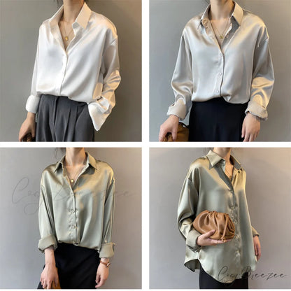 Arm Vintage Ladies Satin Korean Office Long Blouse Button Up Silk Elegant Blouse White Tops