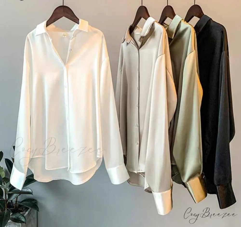 Arm Vintage Ladies Satin Korean Office Long Blouse Button Up Silk Elegant Blouse White Tops