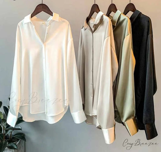 Arm Vintage Ladies Satin Korean Office Long Blouse Button Up Silk Elegant Blouse White Tops