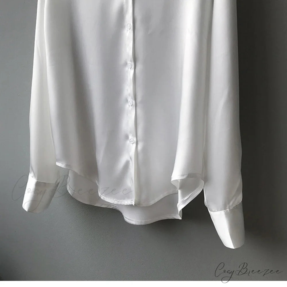 Arm Vintage Ladies Satin Korean Office Long Blouse Button Up Silk Elegant Blouse White Tops