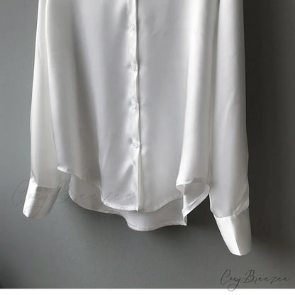 Arm Vintage Ladies Satin Korean Office Long Blouse Button Up Silk Elegant Blouse White Tops