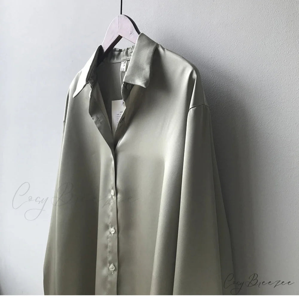 Arm Vintage Ladies Satin Korean Office Long Blouse Button Up Silk Elegant Blouse White Tops