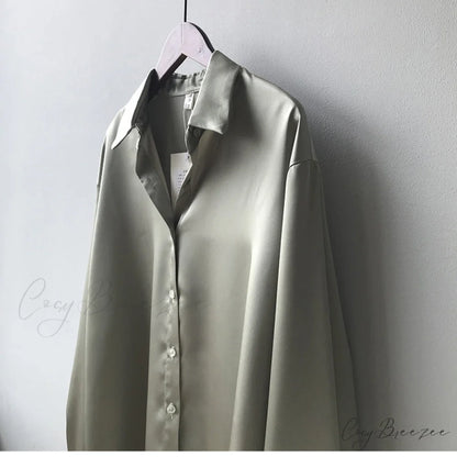 Arm Vintage Ladies Satin Korean Office Long Blouse Button Up Silk Elegant Blouse White Tops