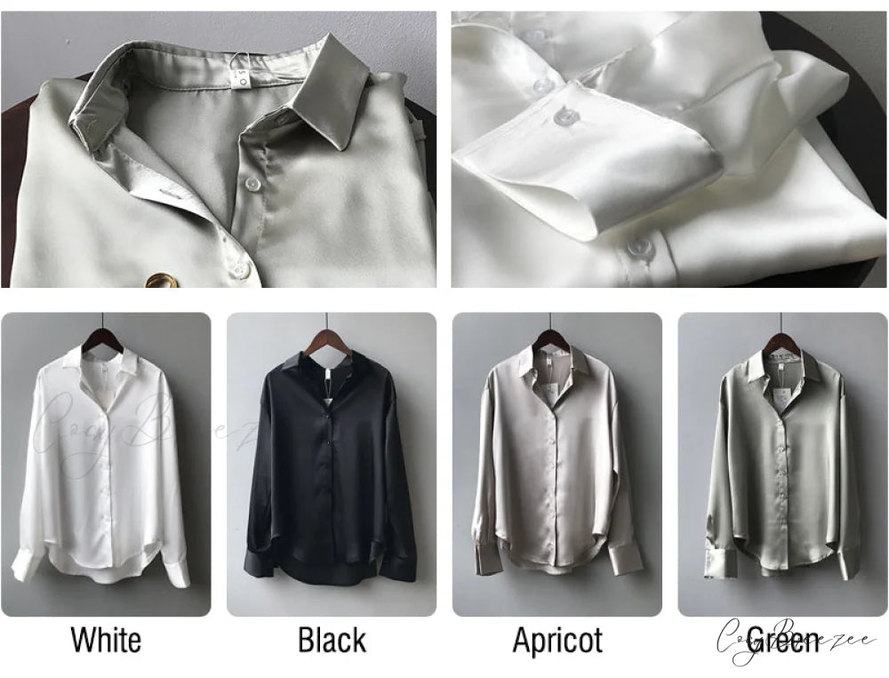 Arm Vintage Ladies Satin Korean Office Long Blouse Button Up Silk Elegant Blouse White Tops