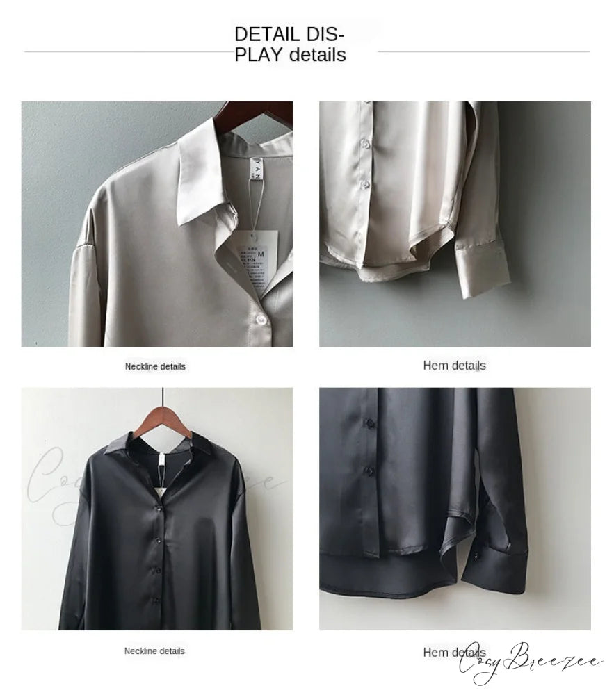 Arm Vintage Ladies Satin Korean Office Long Blouse Button Up Silk Elegant Blouse White Tops