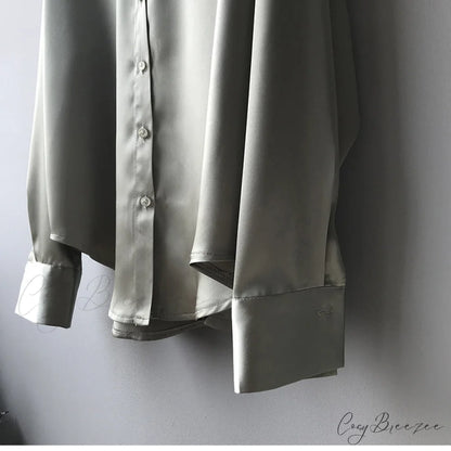 Arm Vintage Ladies Satin Korean Office Long Blouse Button Up Silk Elegant Blouse White Tops