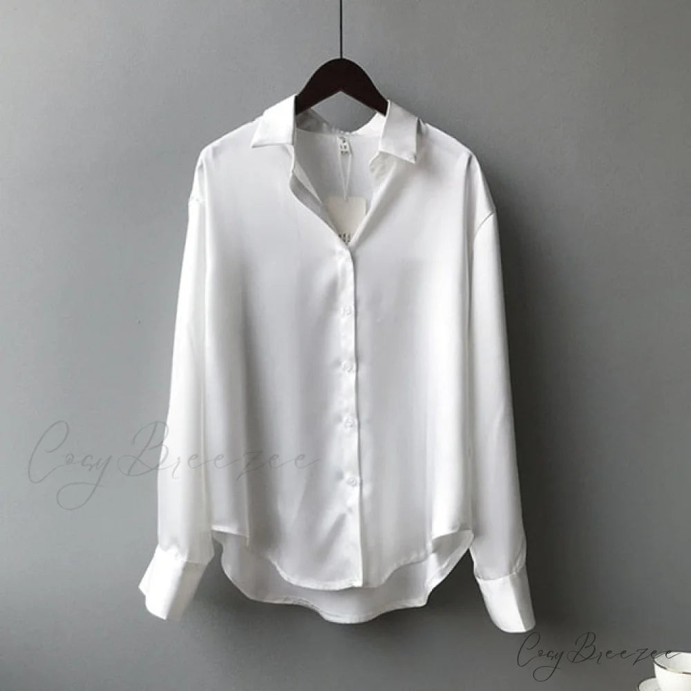 Arm Vintage Ladies Satin Korean Office Long Blouse Button Up Silk Elegant Blouse White Tops S / White