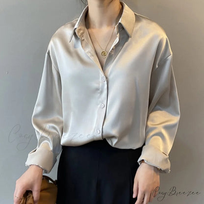 Arm Vintage Ladies Satin Korean Office Long Blouse Button Up Silk Elegant Blouse White Tops S / Apricot