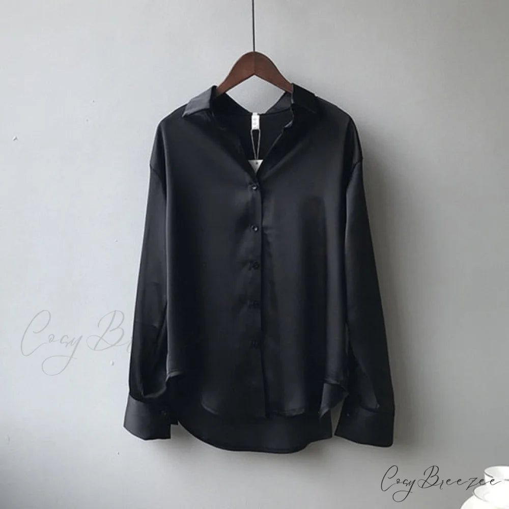 Arm Vintage Ladies Satin Korean Office Long Blouse Button Up Silk Elegant Blouse White Tops S / Black