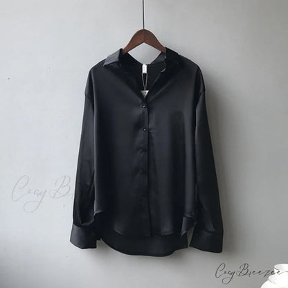 Arm Vintage Ladies Satin Korean Office Long Blouse Button Up Silk Elegant Blouse White Tops S / Black