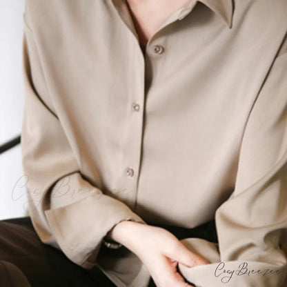 Arm Vintage Ladies Satin Korean Office Long Blouse Button Up Silk Elegant Blouse White Tops S / Champagne