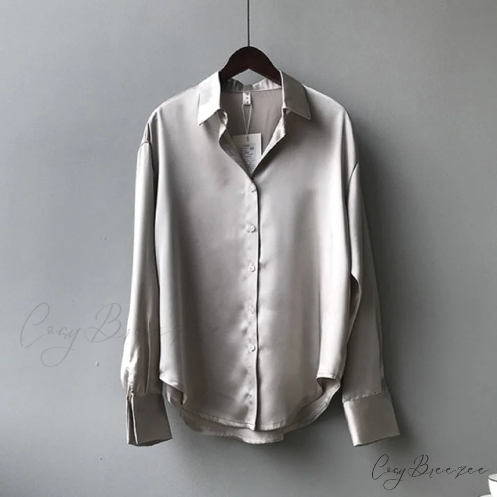 Arm Vintage Ladies Satin Korean Office Long Blouse Button Up Silk Elegant Blouse White Tops S / Gray