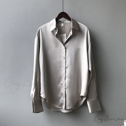 Arm Vintage Ladies Satin Korean Office Long Blouse Button Up Silk Elegant Blouse White Tops S / Gray