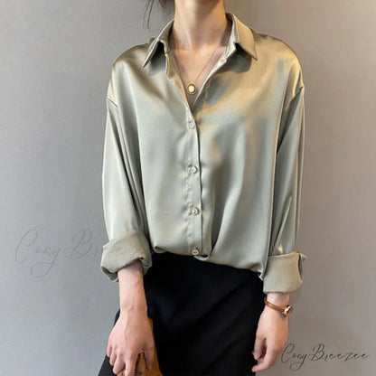 Arm Vintage Ladies Satin Korean Office Long Blouse Button Up Silk Elegant Blouse White Tops S / Green