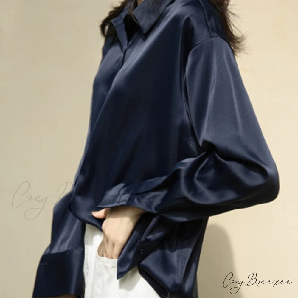 Arm Vintage Ladies Satin Korean Office Long Blouse Button Up Silk Elegant Blouse White Tops S / Royal Blue