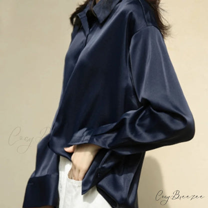 Arm Vintage Ladies Satin Korean Office Long Blouse Button Up Silk Elegant Blouse White Tops S / Royal Blue