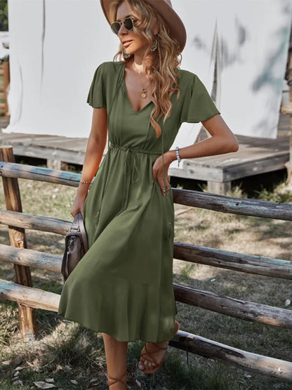 Arm Women for Gown Size Woven V-neck A-line Swing Brief Large Olive green / S