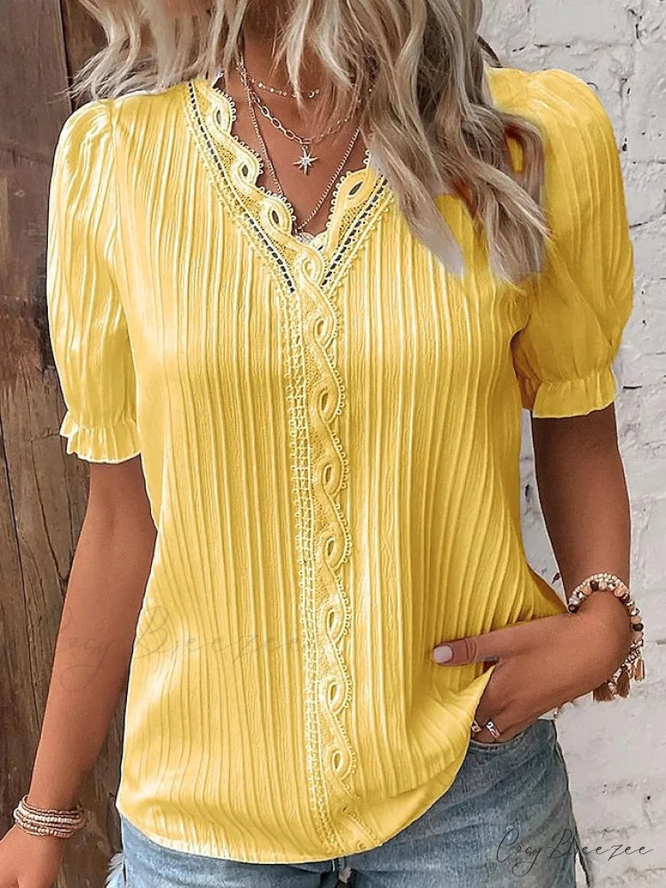 Arm Yellow-Green Lace Blouse White V-Neck Brief Women’s Violets Blouse Casual Gold / S