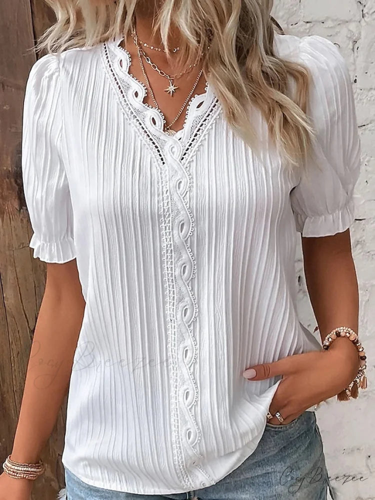 Arm Yellow-Green Lace Blouse White V-Neck Brief Women’s Violets Blouse Casual White / S