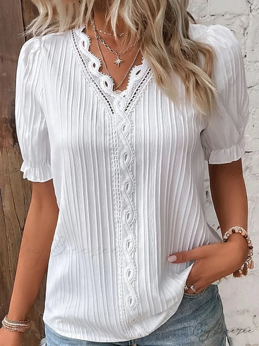 Arm Yellow-Green Lace Blouse White V-Neck Brief Women’s Violets Blouse Casual White / S