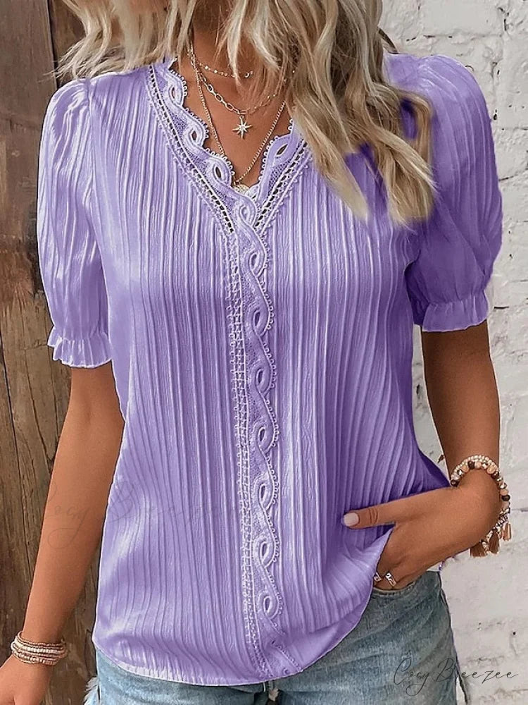 Arm Yellow-Green Lace Blouse White V-Neck Brief Women’s Violets Blouse Casual Violets / S