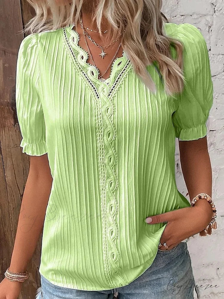 Arm Yellow-Green Lace Blouse White V-Neck Brief Women’s Violets Blouse Casual yellow-green / S