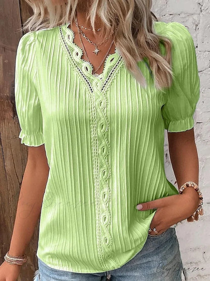 Arm Yellow-Green Lace Blouse White V-Neck Brief Women’s Violets Blouse Casual yellow-green / S