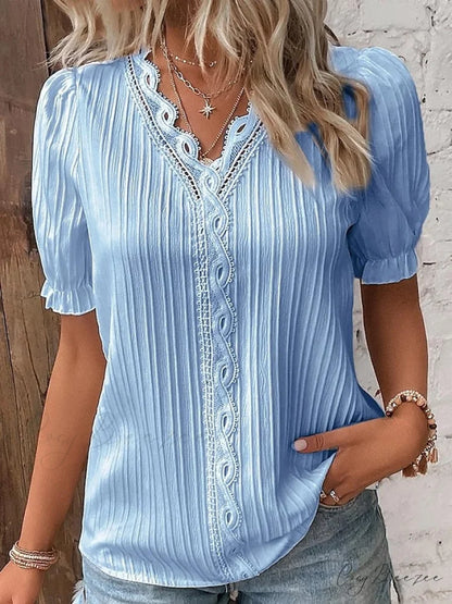 Arm Yellow-Green Lace Blouse White V-Neck Brief Women’s Violets Blouse Casual Sky Blue / S