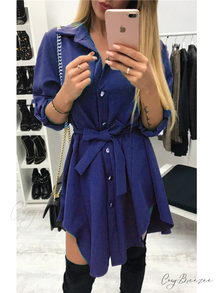 Army Short Mini Sundress with Long Sleeve Turn Down Collar M / Red