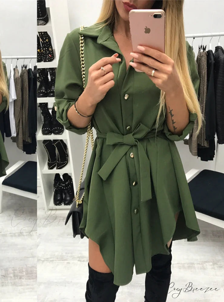 Army Short Mini Sundress with Long Sleeve Turn Down Collar S / Black