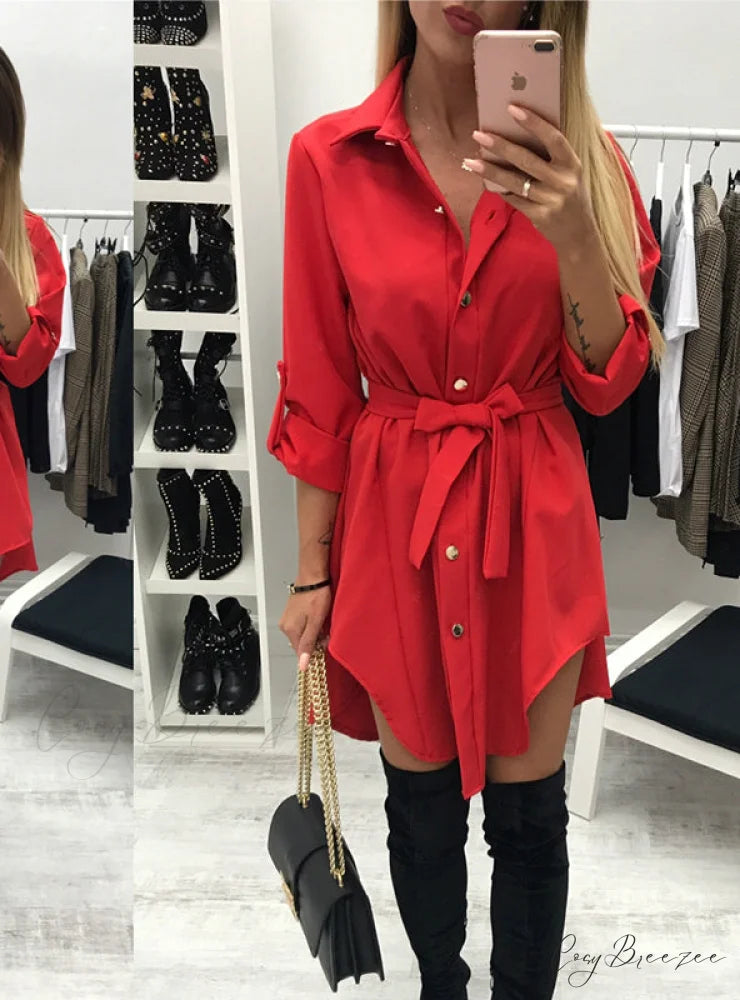 Army Short Mini Sundress with Long Sleeve Turn Down Collar S / Blue