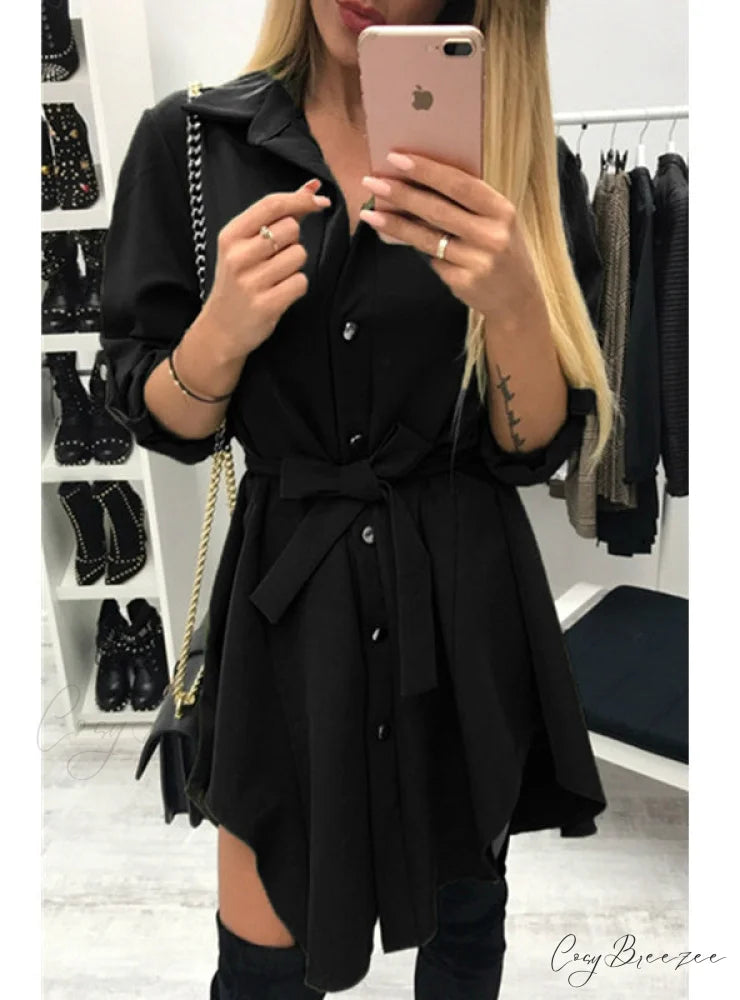 Army Short Mini Sundress with Long Sleeve Turn Down Collar S / Green