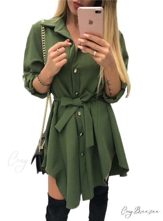 Army Short Mini Sundress with Long Sleeve Turn Down Collar S / Red