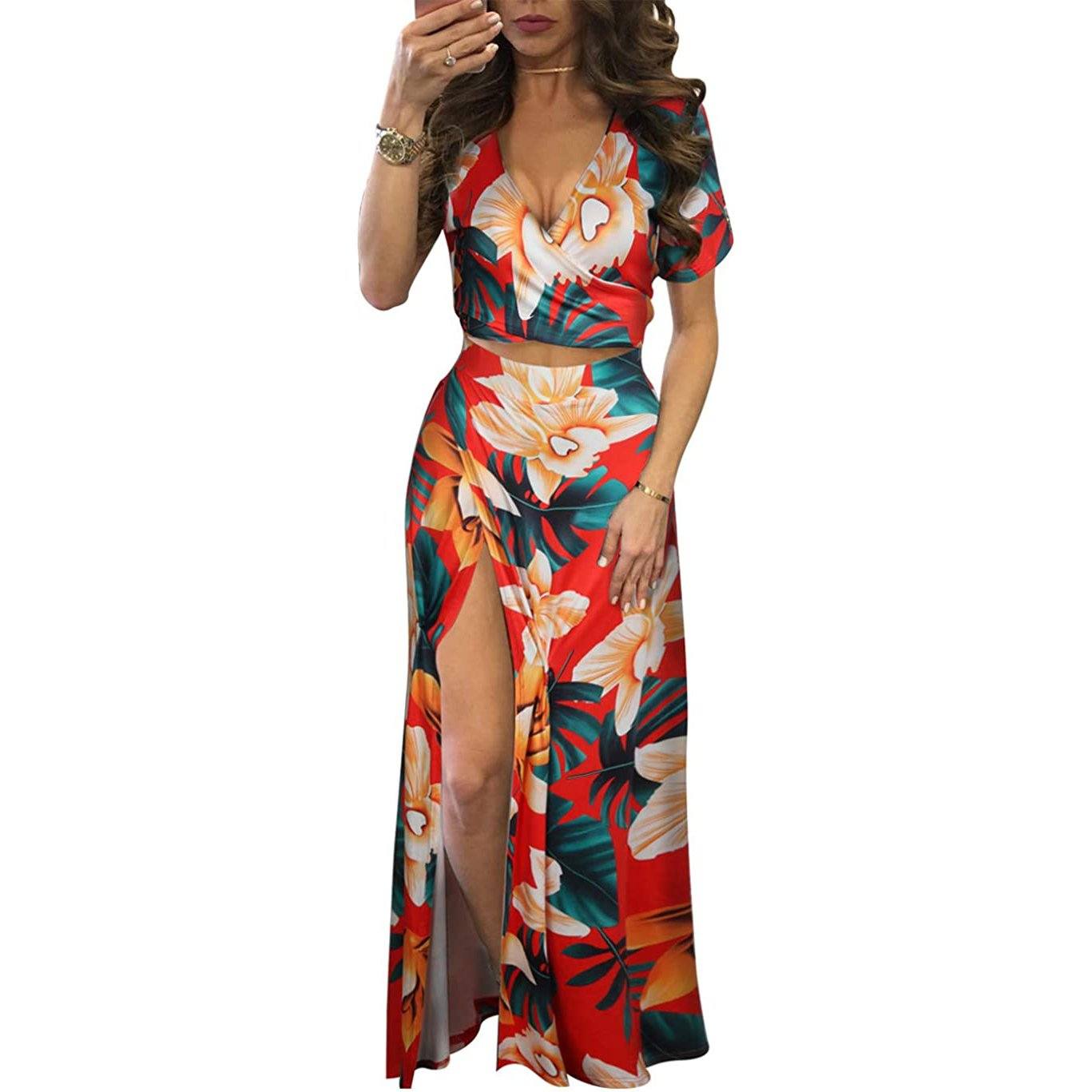 Aro Lora Women's V Neck Floral Printed Side Slit Maxi Dress