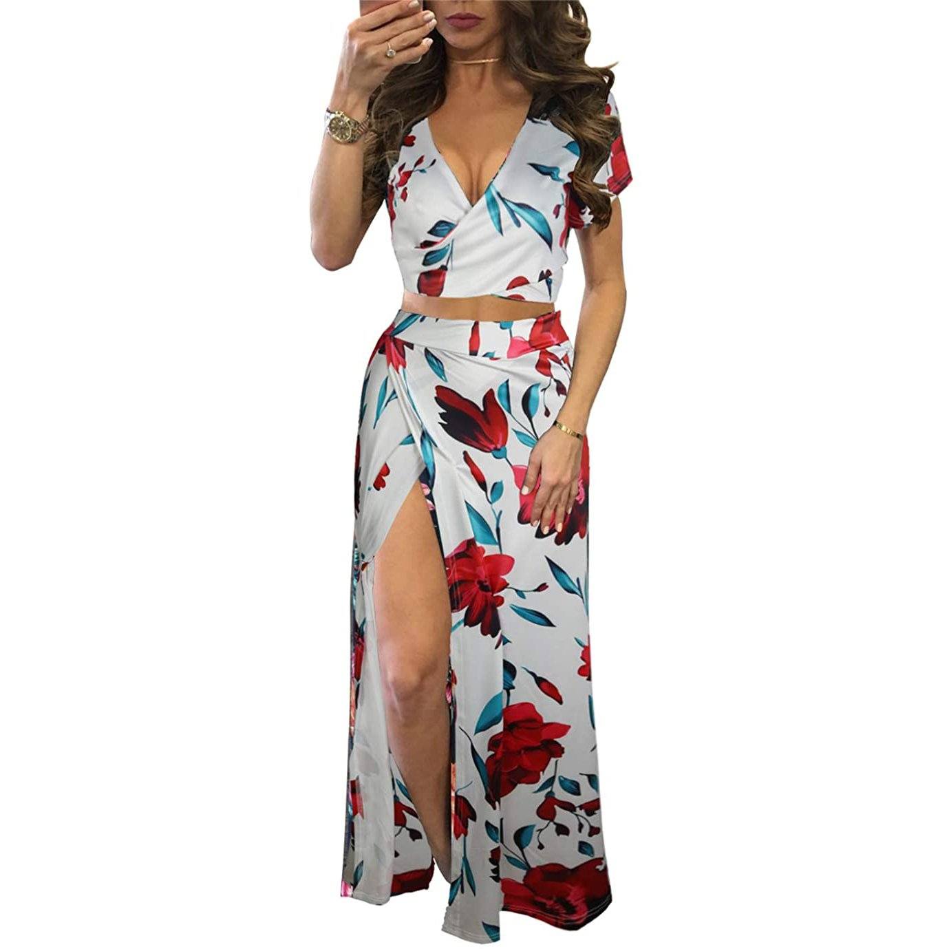 Aro Lora Women's V Neck Floral Printed Side Slit Maxi Dress