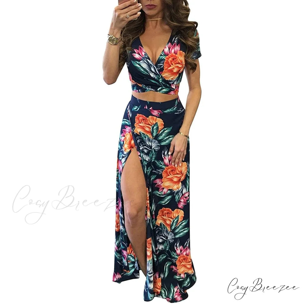 Aro Lora Women’s V Neck Floral Printed Side Slit Maxi Dress Multicolor / S