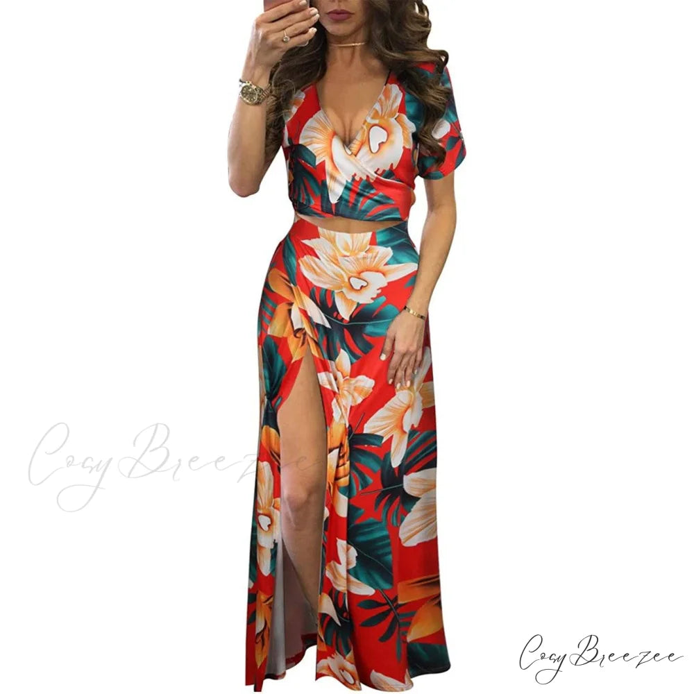 Aro Lora Women’s V Neck Floral Printed Side Slit Maxi Dress Red / S