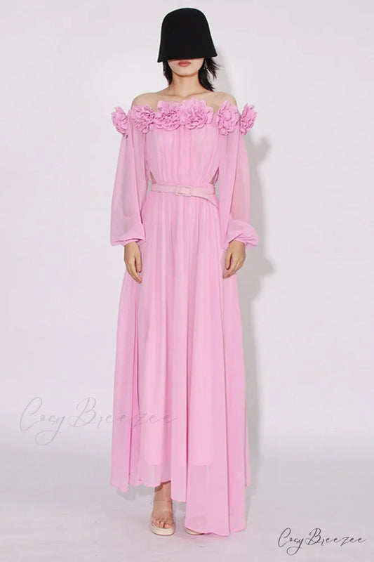 Ascella Flower Stylish Shoulder Maxi Dress