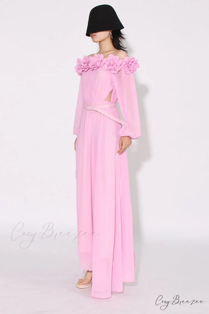 Ascella Flower Stylish Shoulder Maxi Dress