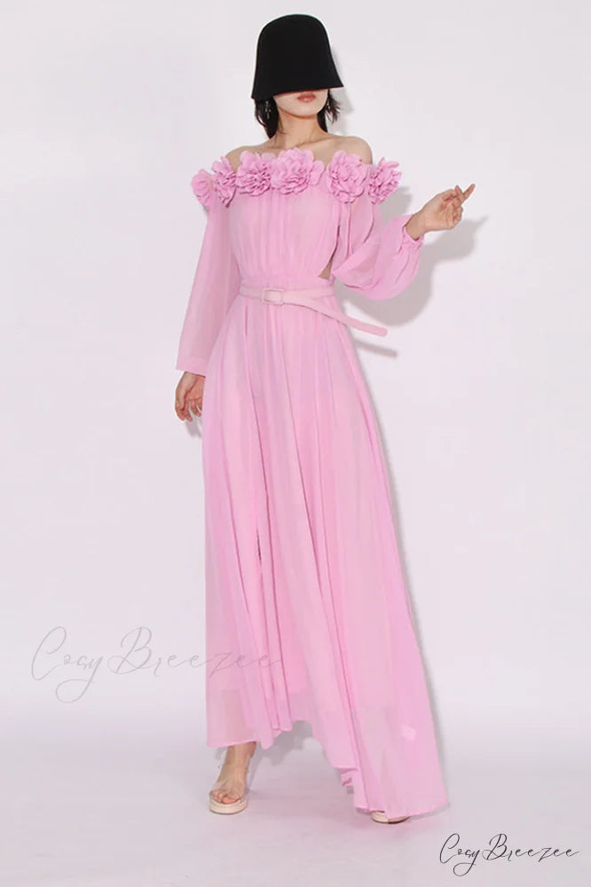 Ascella Flower Stylish Shoulder Maxi Dress