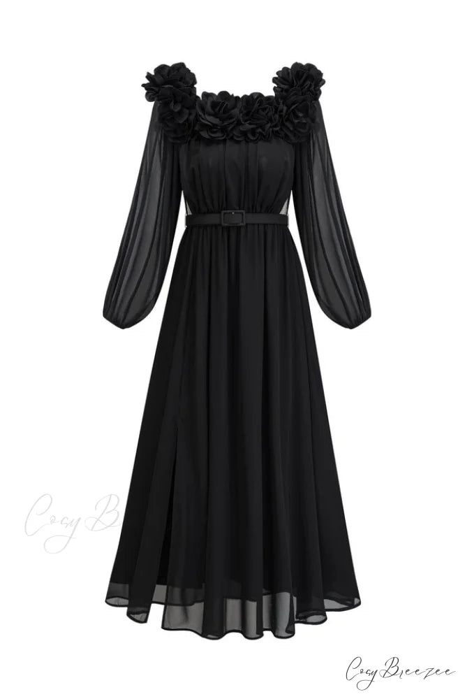 Ascella Flower Stylish Shoulder Maxi Dress S / Black