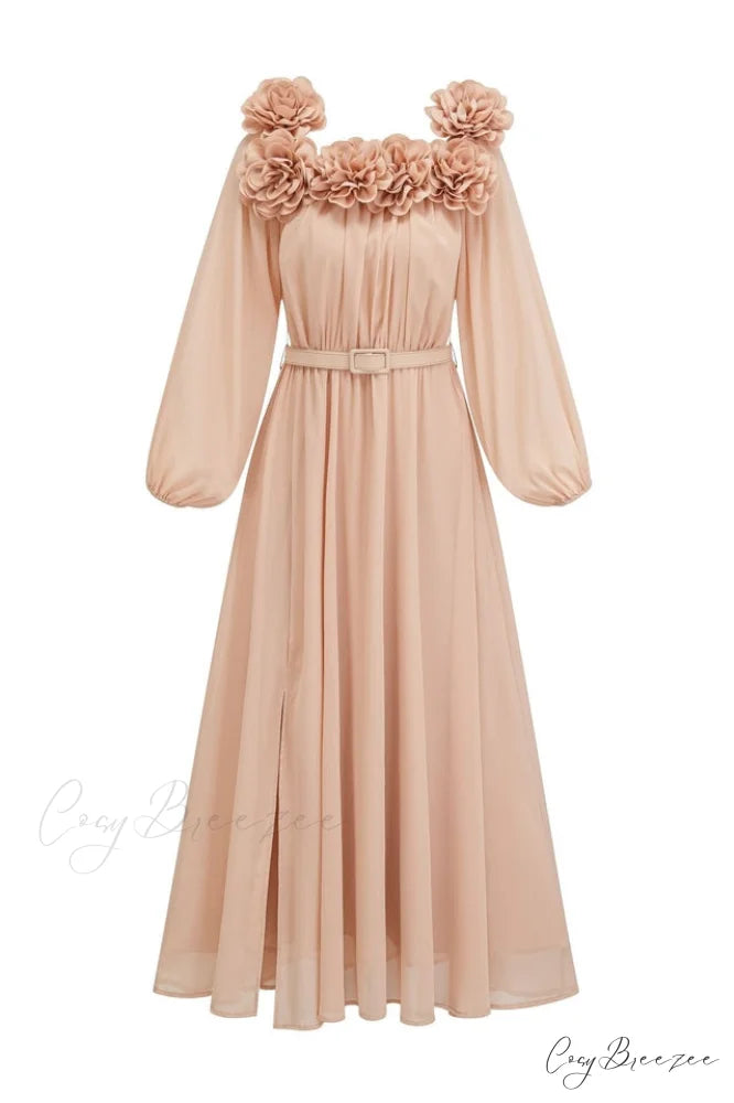 Ascella Flower Stylish Shoulder Maxi Dress S / Khaki