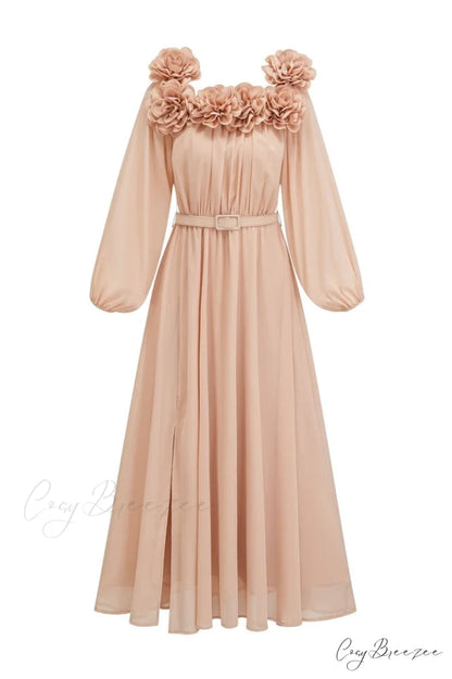 Ascella Flower Stylish Shoulder Maxi Dress S / Khaki