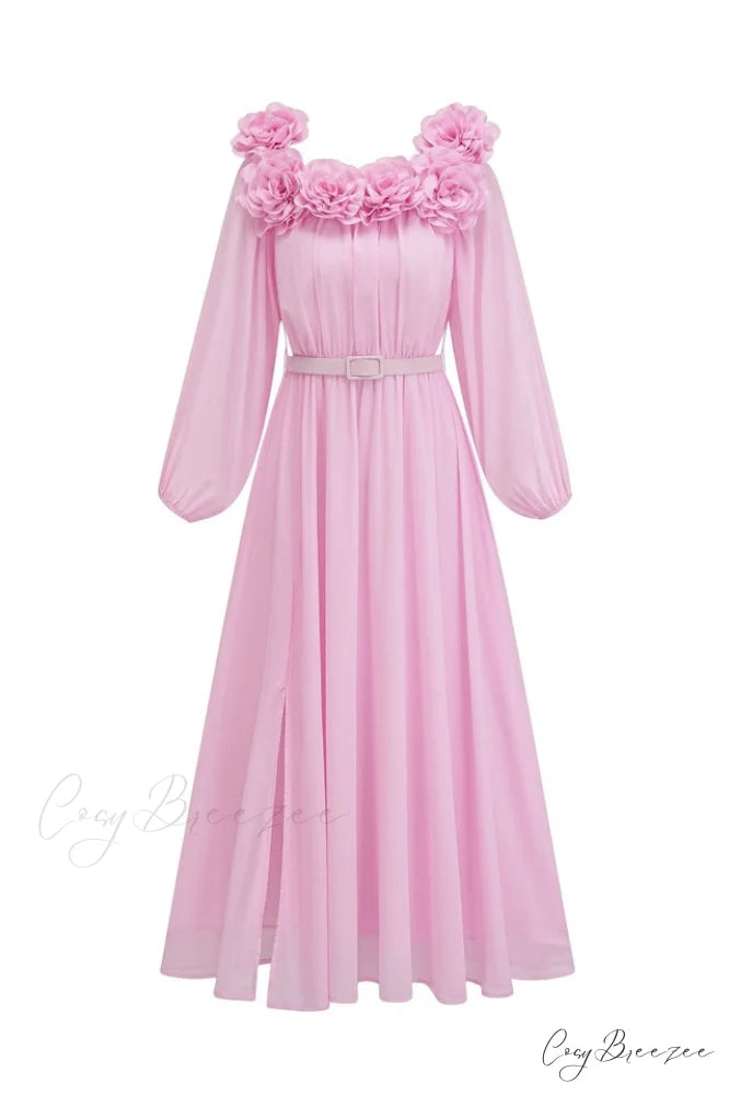 Ascella Flower Stylish Shoulder Maxi Dress S / Pink