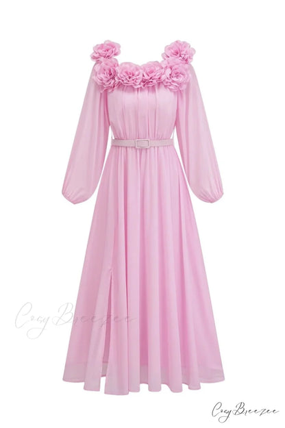 Ascella Flower Stylish Shoulder Maxi Dress S / Pink