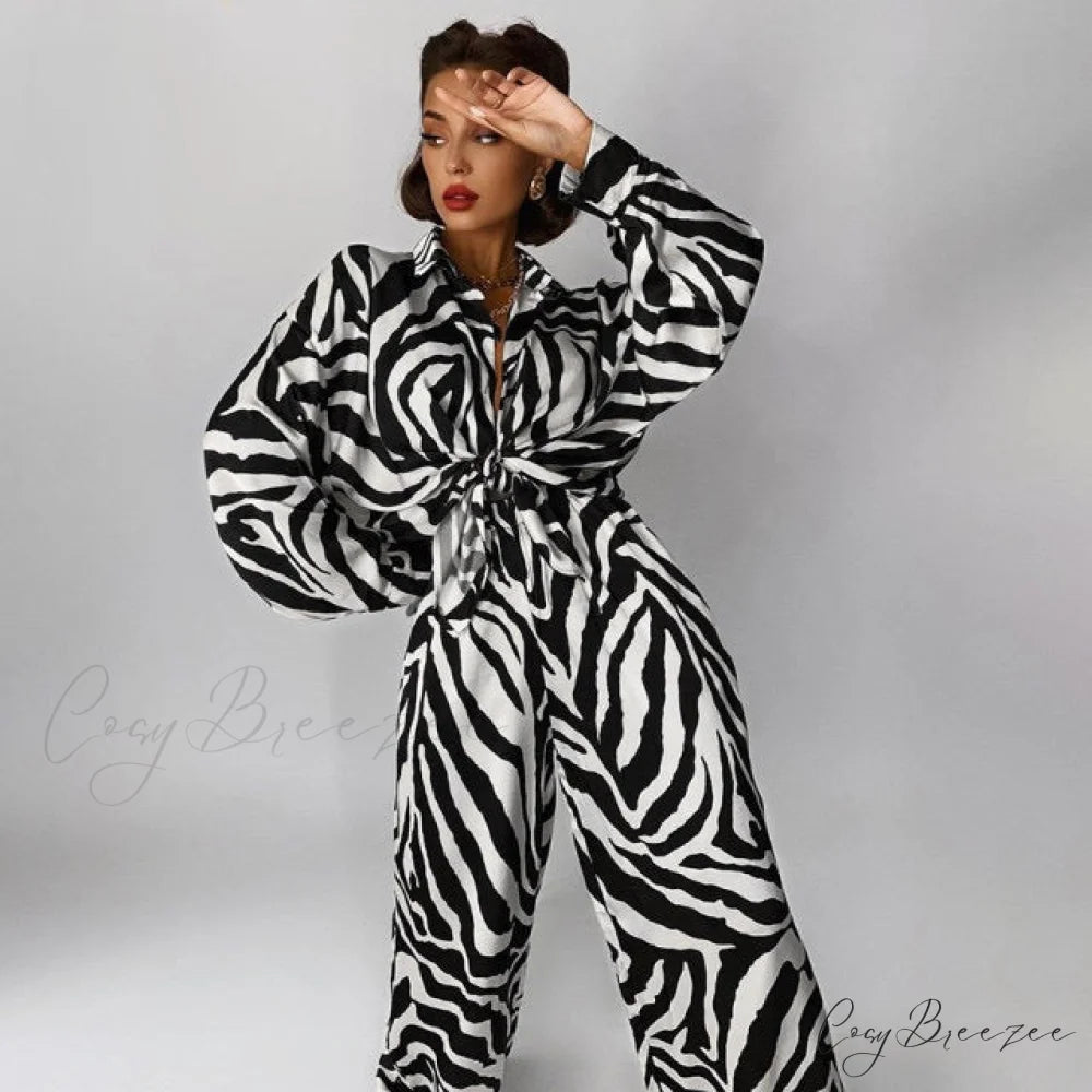 ASHA ZEBRA Stylish TWO PIECE SET Black / M