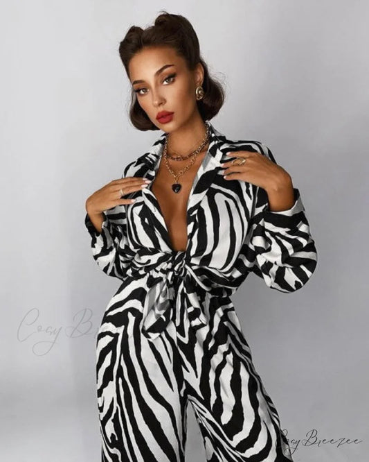 ASHA ZEBRA Stylish TWO PIECE SET Black / S