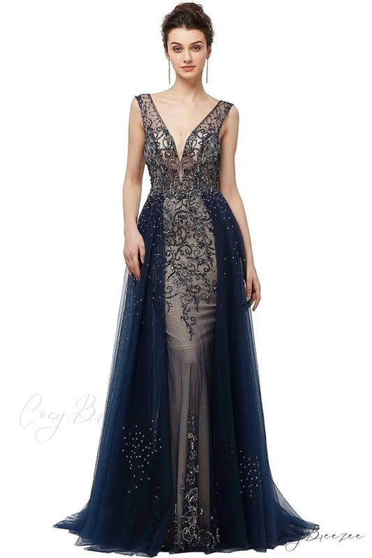 Asheville Embellished Graceful Backless Maxi Dress Navy Blue / 2