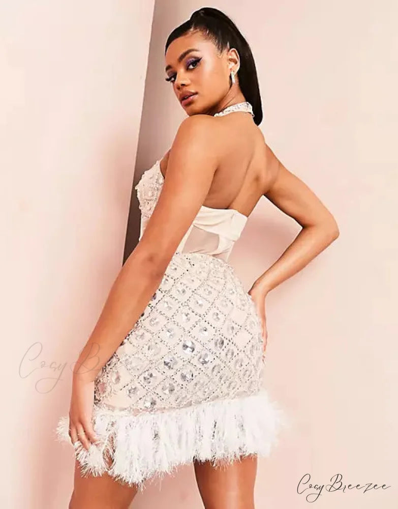 ASOS LUXE halter cross neck embellished Modern mini dress with feather hem in natural 16 Days / 2 / XS / White